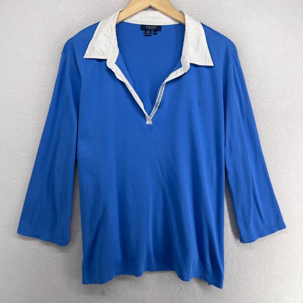 CHAPS Top Womens 3X Plus Rugby Polo Shirt 3/4 Sleeve Jersey Cotton Blue